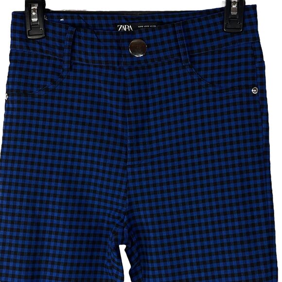 Zara Small Pants Buffalo Check High-Rise Stretch Flat Front Zip-Fly Blue Black - Picture 2 of 8